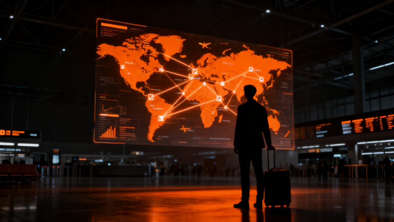 Viajero planificando su próximo destino utilizando herramientas de inteligencia artificial, representando la brecha de adopción tecnológica en el sector turístico.