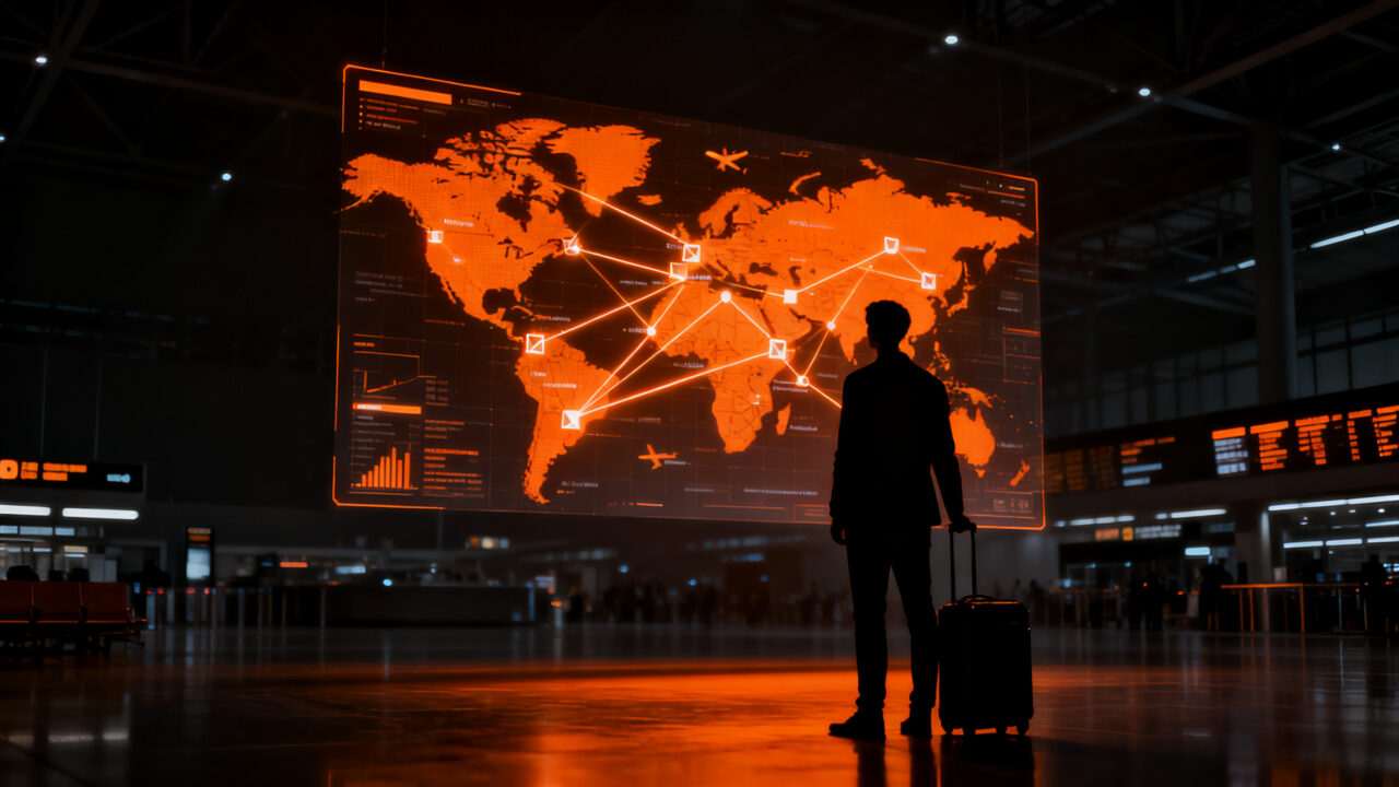 Viajero planificando su próximo destino utilizando herramientas de inteligencia artificial, representando la brecha de adopción tecnológica en el sector turístico.
