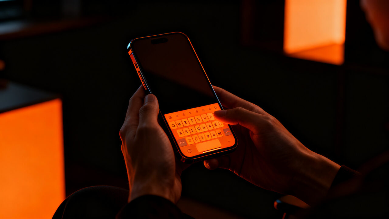 Usuario utilizando un teléfono minimalista con teclado físico, representando el bienestar digital y la desconexión tecnológica.