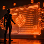 Agente de IA con identidad digital verificable en blockchain, representando la seguridad en transacciones autónomas para startups.