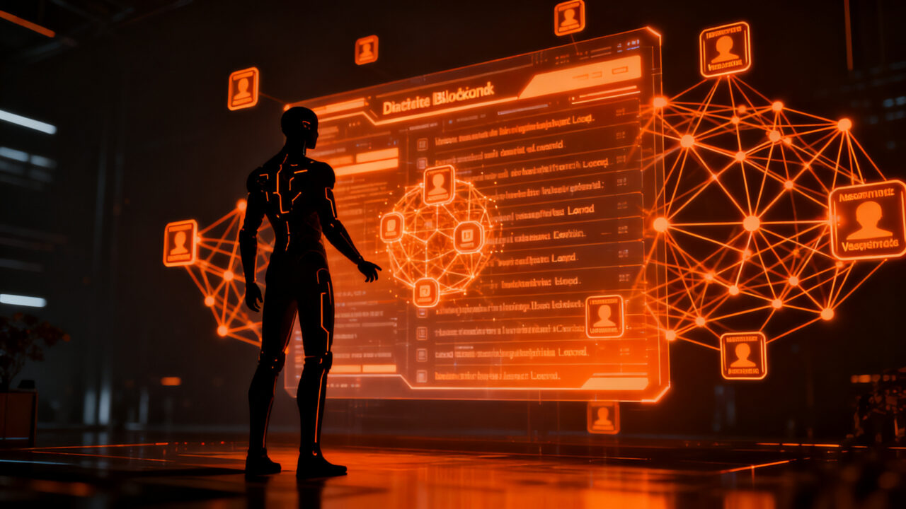 Agente de IA con identidad digital verificable en blockchain, representando la seguridad en transacciones autónomas para startups.