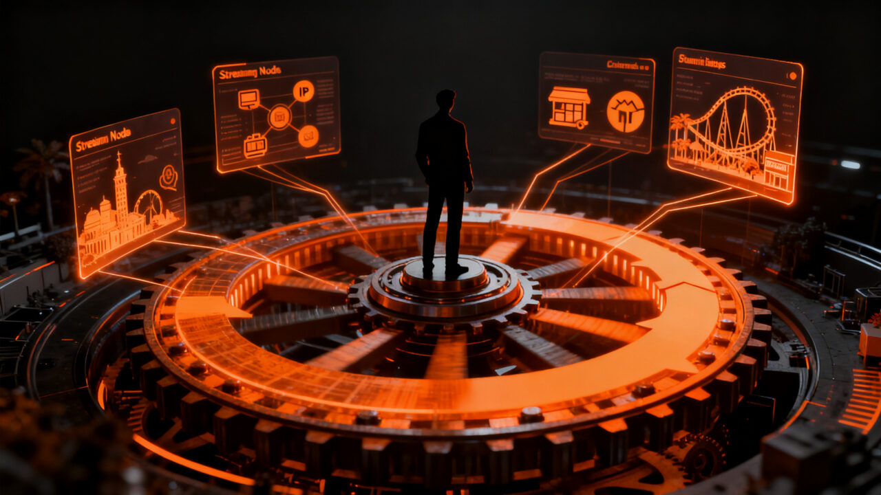 Modelo de negocio flywheel de Disney: diversificación de ingresos en streaming, parques y merchandising para startups.