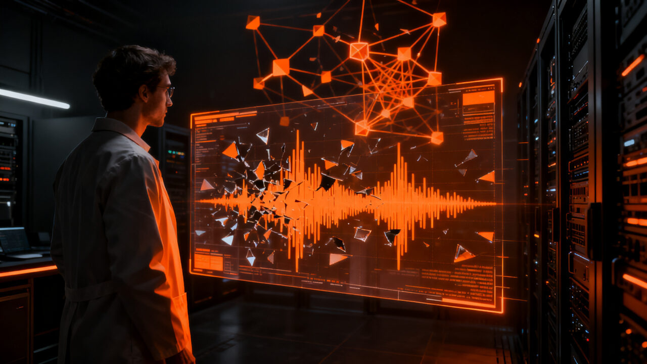 Investigador analizando modelos IA de transcripción ASR, destacando problemas de fiabilidad y memorización de errores en benchmarks.