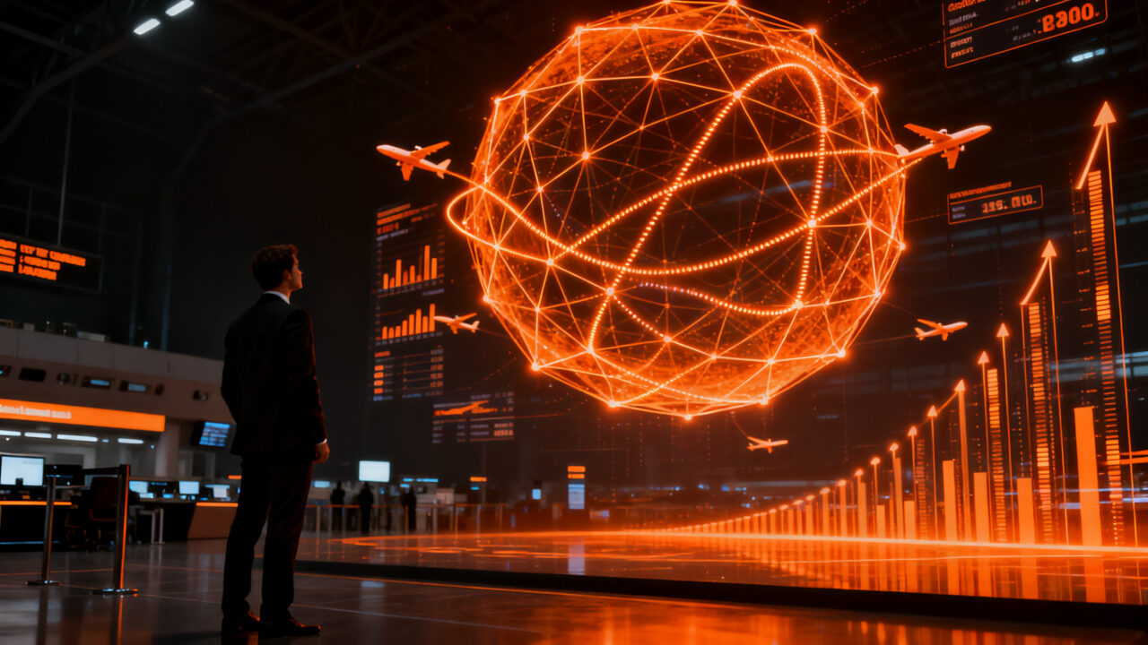 Modelo de pricing dinámico con IA generativa optimizando ingresos en el sector aéreo, concepto de gestión inteligente.