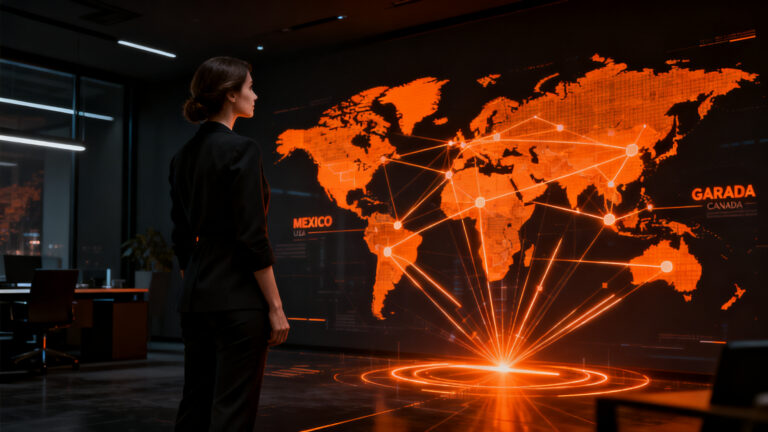 Mujer emprendedora analizando rutas de exportación internacional hacia mercados globales, representando la convocatoria Mujer Exporta MX 2026.