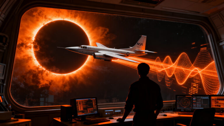 Avión de investigación NASA WB-57 capturando el eclipse solar, simbolizando avances en ciencia de datos y tecnología deeptech.