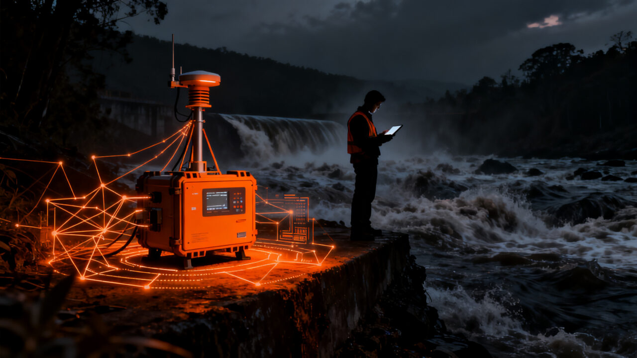 Estación hidrológica inteligente de la startup peruana Natek monitoreando un río para prevenir inundaciones por El Niño.