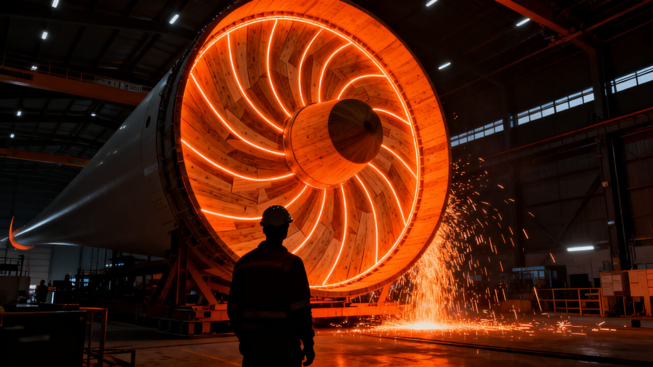 Fábrica innovadora de palas eólicas de madera en Navarra representando la transición hacia energías renovables sostenibles y economía circular.