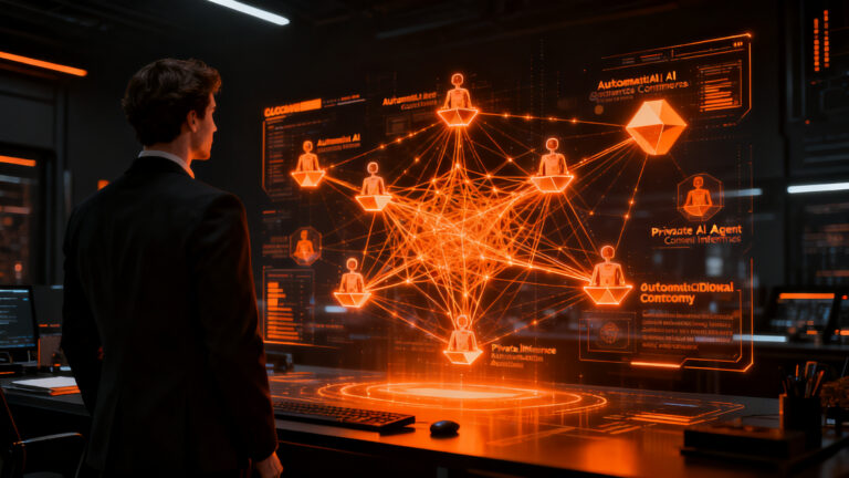 Agentes de IA interactuando en una red descentralizada de NEAR Protocol para el comercio agéntico y la contratación autónoma.
