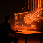 Emprendedor gestionando negocios automatizados con inteligencia artificial en un entorno digital futurista.