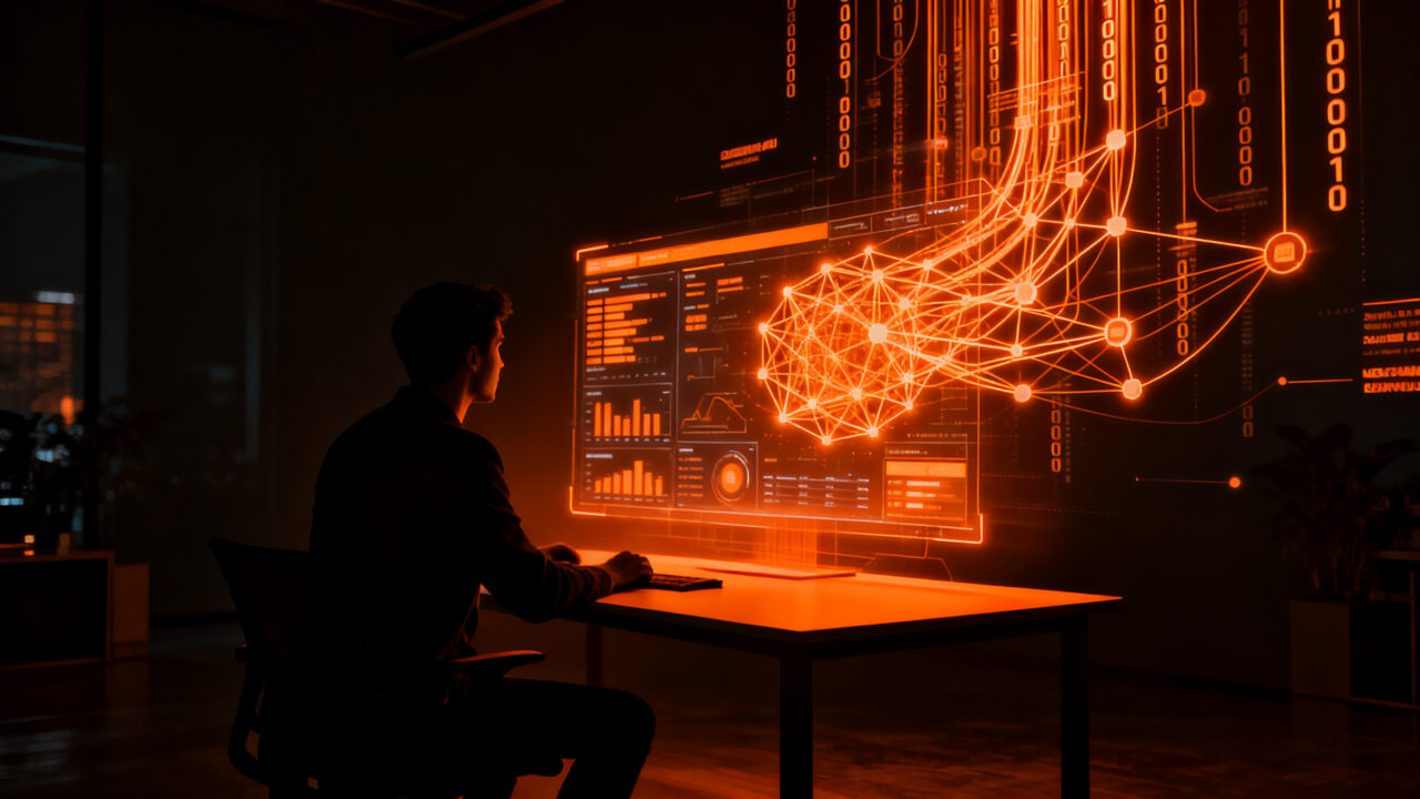 Emprendedor gestionando negocios automatizados con inteligencia artificial en un entorno digital futurista.