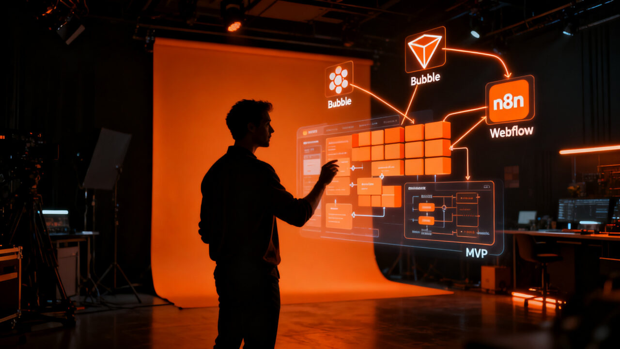 Emprendedor utilizando herramientas no-code y vibe coding para desarrollar startups de IA en 2026.