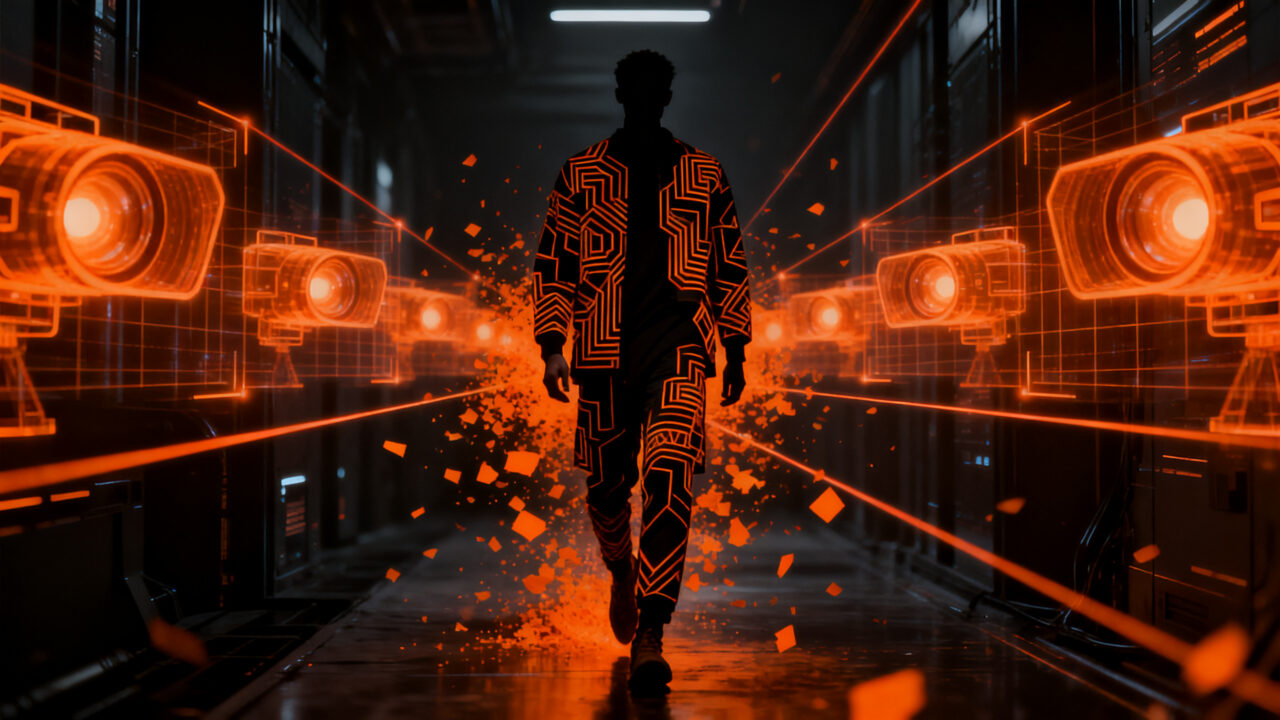 Patrón adversarial de noRecognition evadiendo sistemas de vigilancia por IA, representando el futuro de la privacidad y la visión artificial.