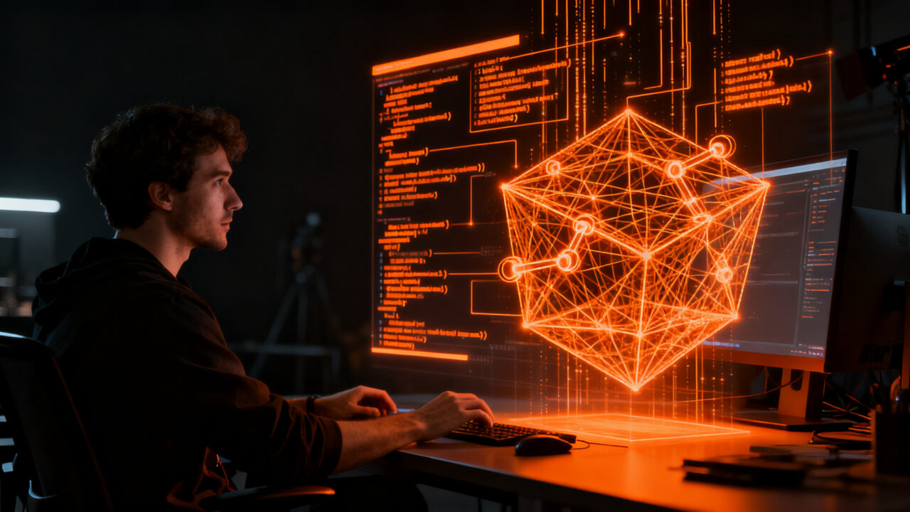 Desarrollador trabajando con IA en Blender para generar activos 3D editables y código ejecutable de Nova3D.