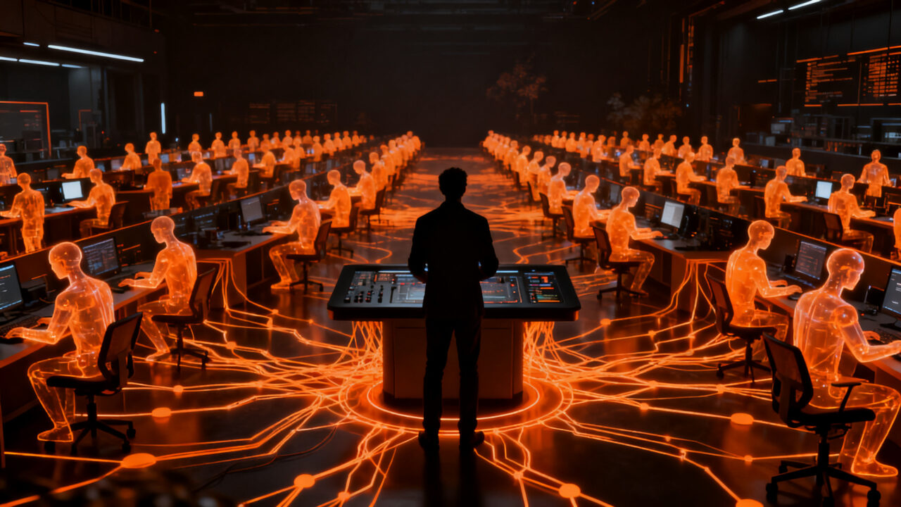 Líder de startup supervisando una red de agentes de IA, representando la productividad a gran escala y la automatización inteligente.