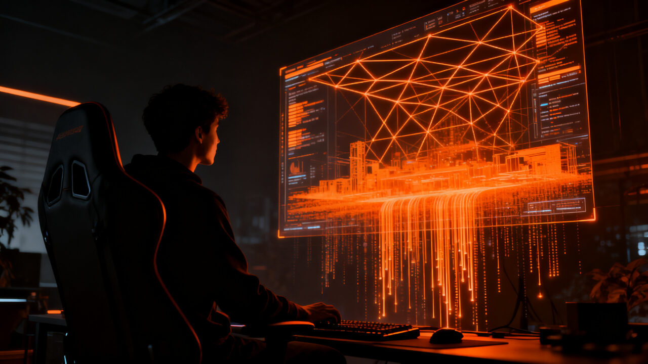 Jugador observando una mejora en el trazado de rayos IA con Nvidia DLSS 4.5 en una pantalla futurista.