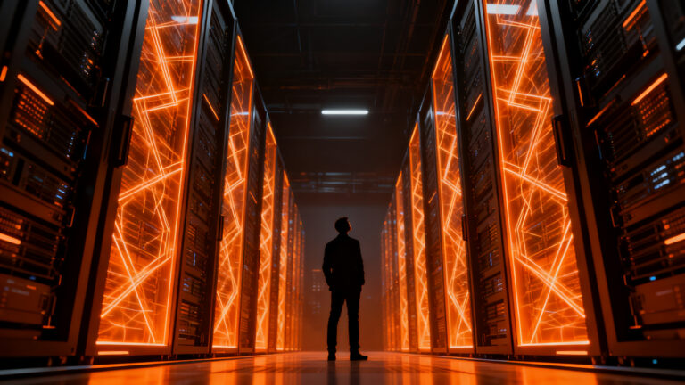 Silueta de un emprendedor frente a una infraestructura de servidores de IA masiva, simbolizando el crecimiento exponencial de Nvidia y la inversión en tecnología.