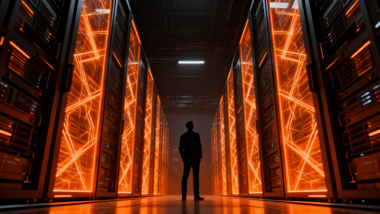 Silueta de un emprendedor frente a una infraestructura de servidores de IA masiva, simbolizando el crecimiento exponencial de Nvidia y la inversión en tecnología.