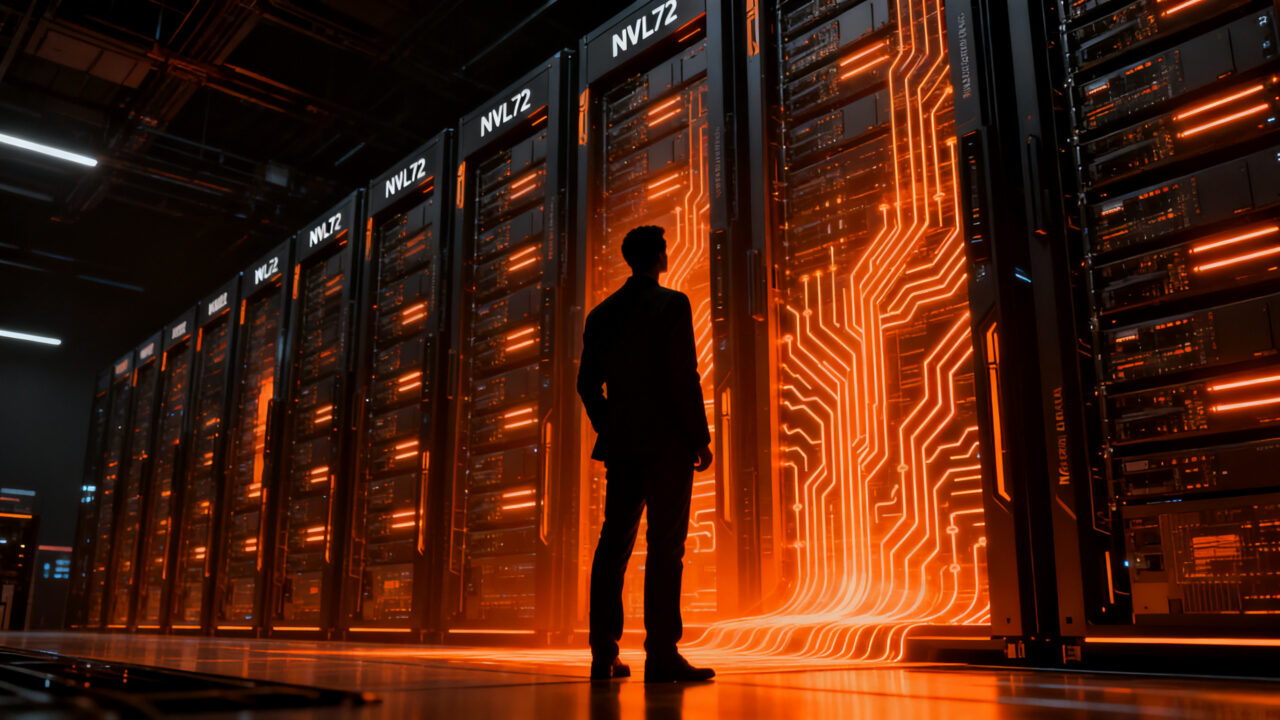 Infraestructura de centros de datos de IA impulsada por GPUs Nvidia, representando el crecimiento y la inversión tecnológica a gran escala.