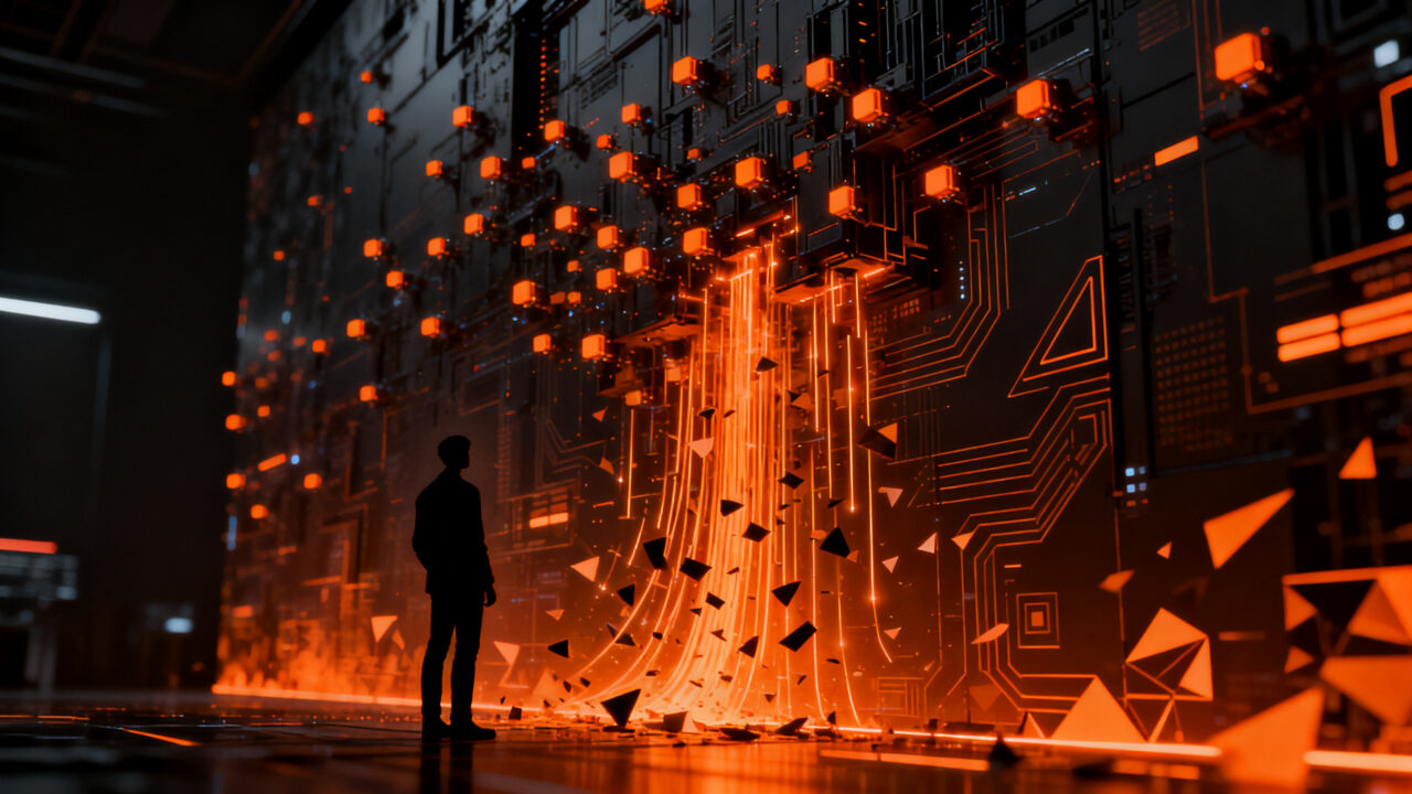 Agentes de IA interactuando con redes digitales, representando el riesgo de ciberseguridad en plataformas tecnológicas.