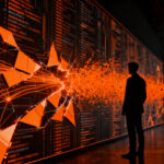 Agente de inteligencia artificial analizando vulnerabilidades de ciberseguridad en entorno digital oscuro.