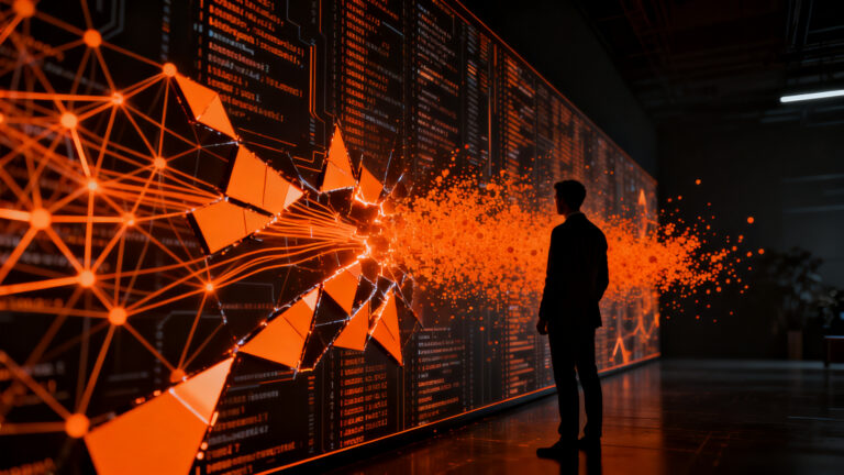 Agente de inteligencia artificial analizando vulnerabilidades de ciberseguridad en entorno digital oscuro.