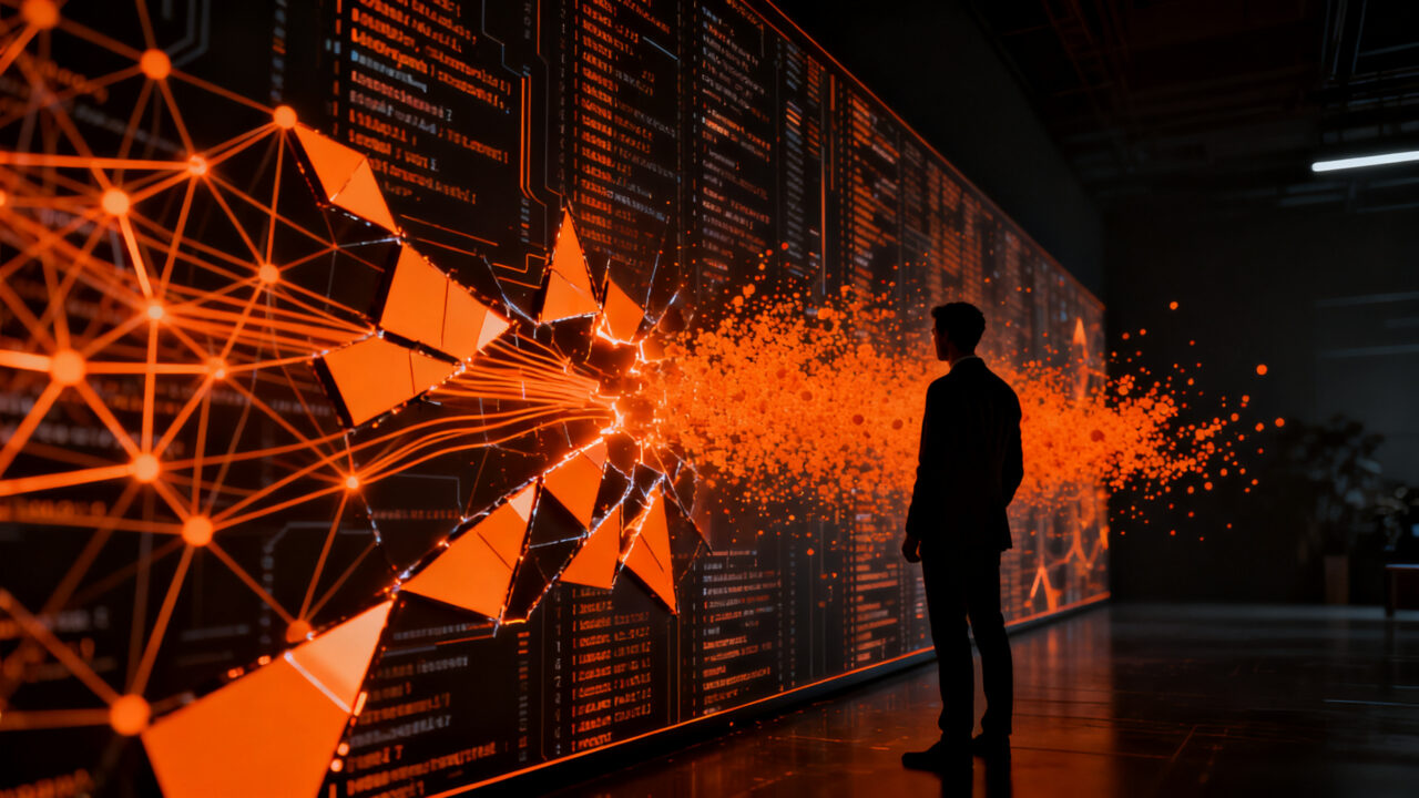 Agente de inteligencia artificial analizando vulnerabilidades de ciberseguridad en entorno digital oscuro.