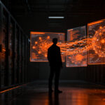 Agentes de IA autónomos coordinándose en un entorno digital oscuro, representando vulnerabilidades y seguridad cibernética en 2026.