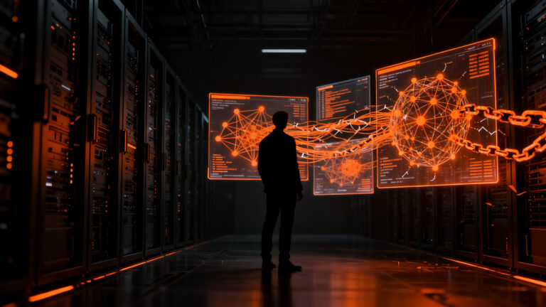 Agentes de IA autónomos coordinándose en un entorno digital oscuro, representando vulnerabilidades y seguridad cibernética en 2026.
