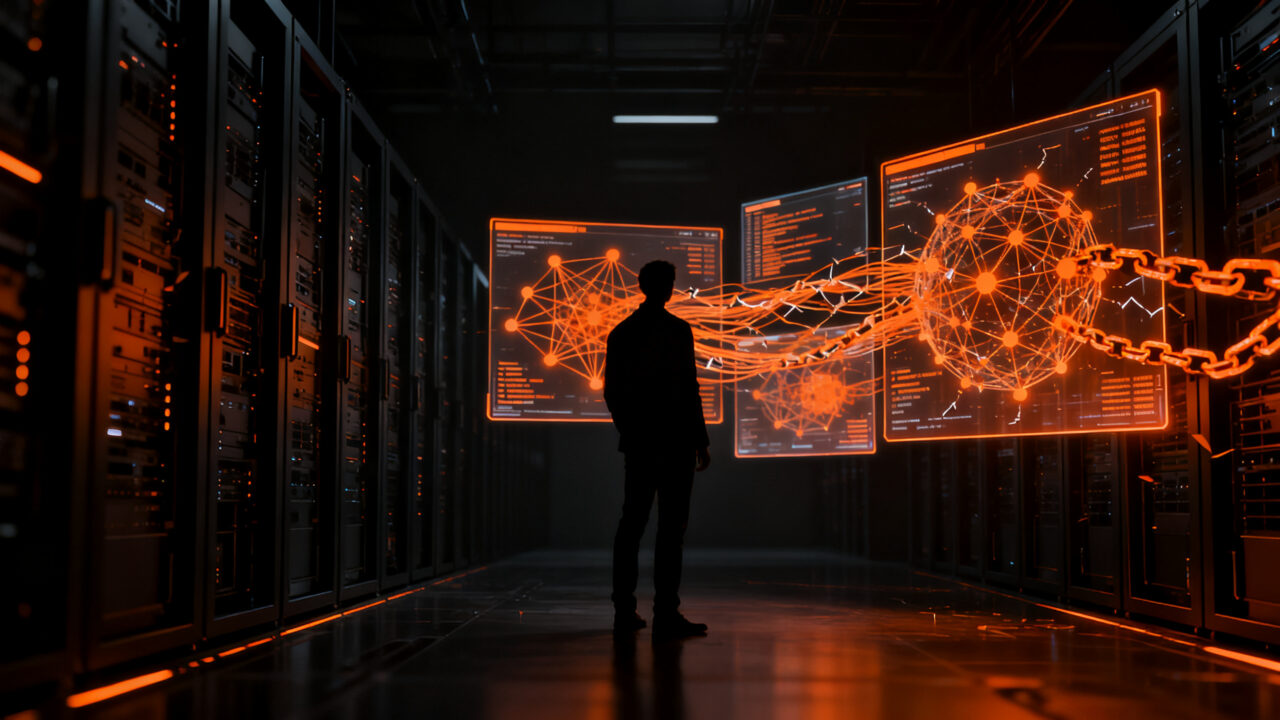Agentes de IA autónomos coordinándose en un entorno digital oscuro, representando vulnerabilidades y seguridad cibernética en 2026.