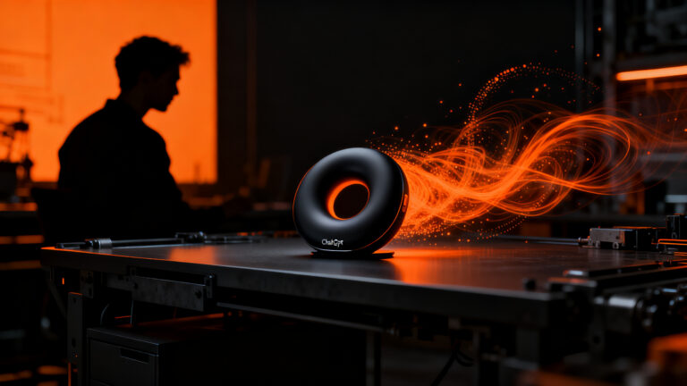 Diseño industrial de un altavoz inteligente minimalista con IA de OpenAI, simbolizando la nueva era del hardware sin pantallas para startups.