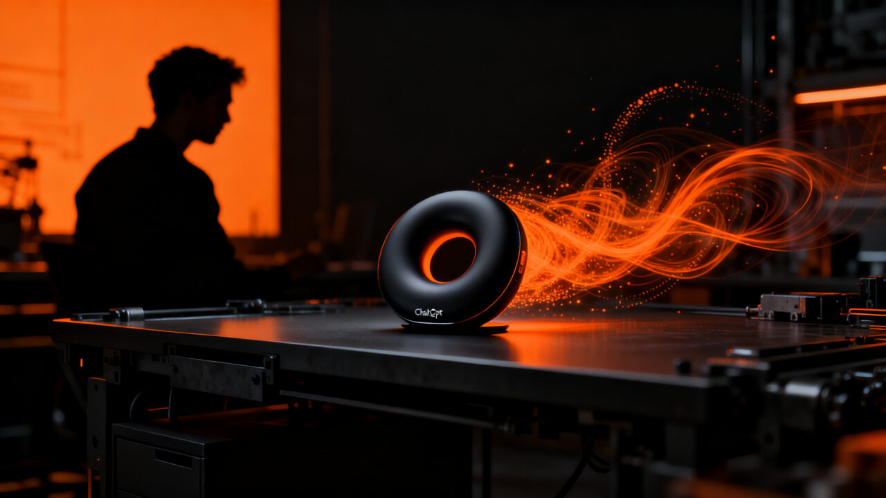 Diseño industrial de un altavoz inteligente minimalista con IA de OpenAI, simbolizando la nueva era del hardware sin pantallas para startups.