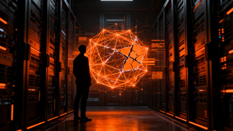Silueta de experto analizando una red neuronal de IA en riesgo, representando la ciberseguridad en startups ante ataques autónomos.