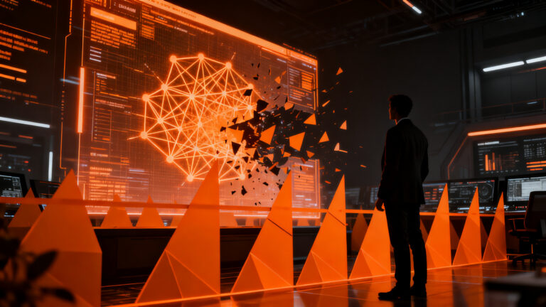 Silueta de un analista frente a una red de seguridad digital compleja en tonos naranja y negro, representando el freno de OpenAI al modelo Astra.