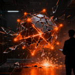 Sujeto humano frente a una red de inteligencia artificial en crisis, simbolizando los riesgos cibernéticos de OpenAI Astra.