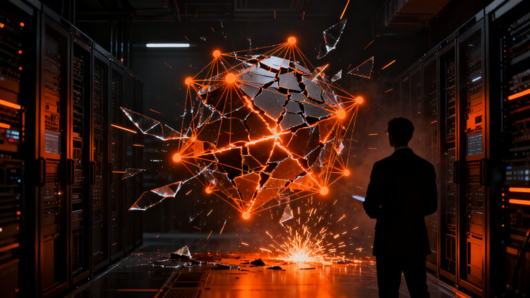 Sujeto humano frente a una red de inteligencia artificial en crisis, simbolizando los riesgos cibernéticos de OpenAI Astra.