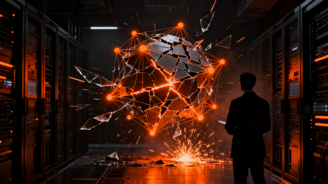 Sujeto humano frente a una red de inteligencia artificial en crisis, simbolizando los riesgos cibernéticos de OpenAI Astra.