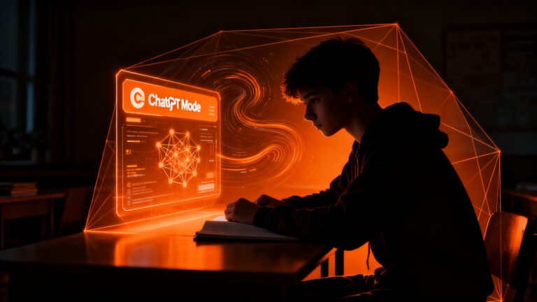 Estudiante adolescente interactuando con una interfaz de IA educativa, representando la seguridad y el nuevo Modo Estudio de ChatGPT.