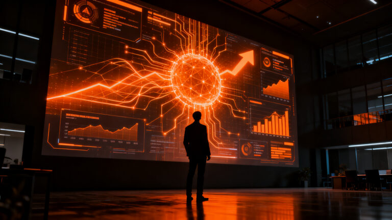 Silueta de ejecutivo analizando métricas de IA empresarial de ChatGPT Business frente a modelos open-weight en un entorno futurista.