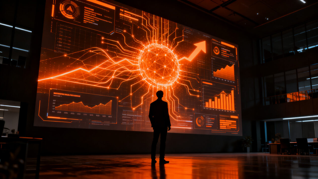 Silueta de ejecutivo analizando métricas de IA empresarial de ChatGPT Business frente a modelos open-weight en un entorno futurista.