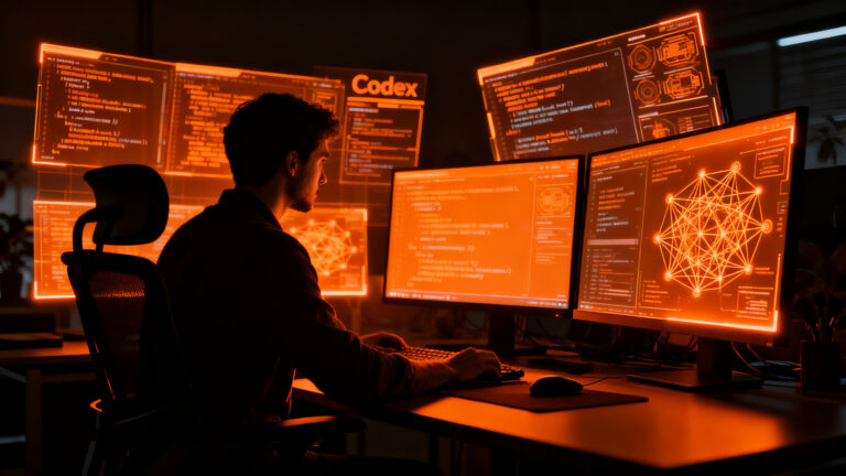 Desarrollador trabajando con IA en un entorno de alta tecnología, simbolizando los límites de uso en ChatGPT Plus y herramientas de codificación.