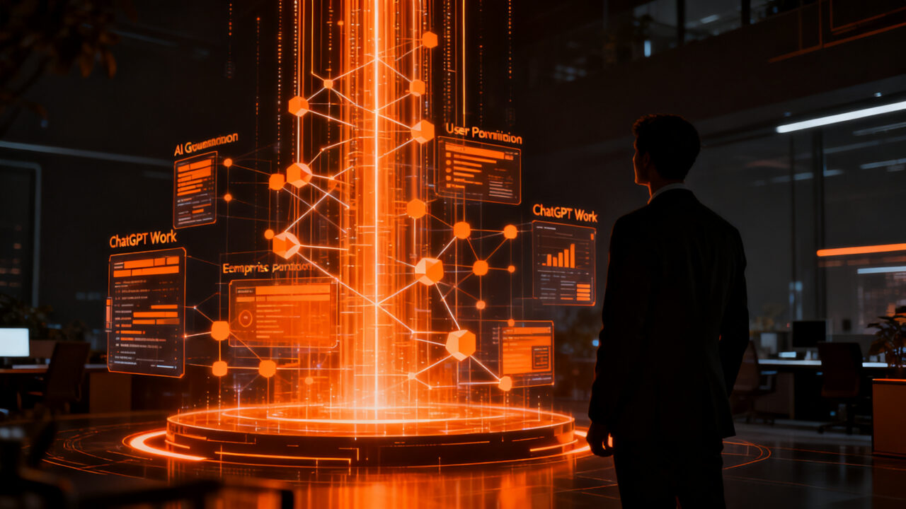 Administrador gestionando IA empresarial y gobernanza de usuarios en ChatGPT Work, concepto de control tecnológico para startups.
