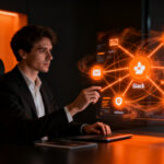 Un profesional trabajando con agentes de IA para automatizar flujos de trabajo en una oficina moderna, representando el impacto de ChatGPT Work en startups.