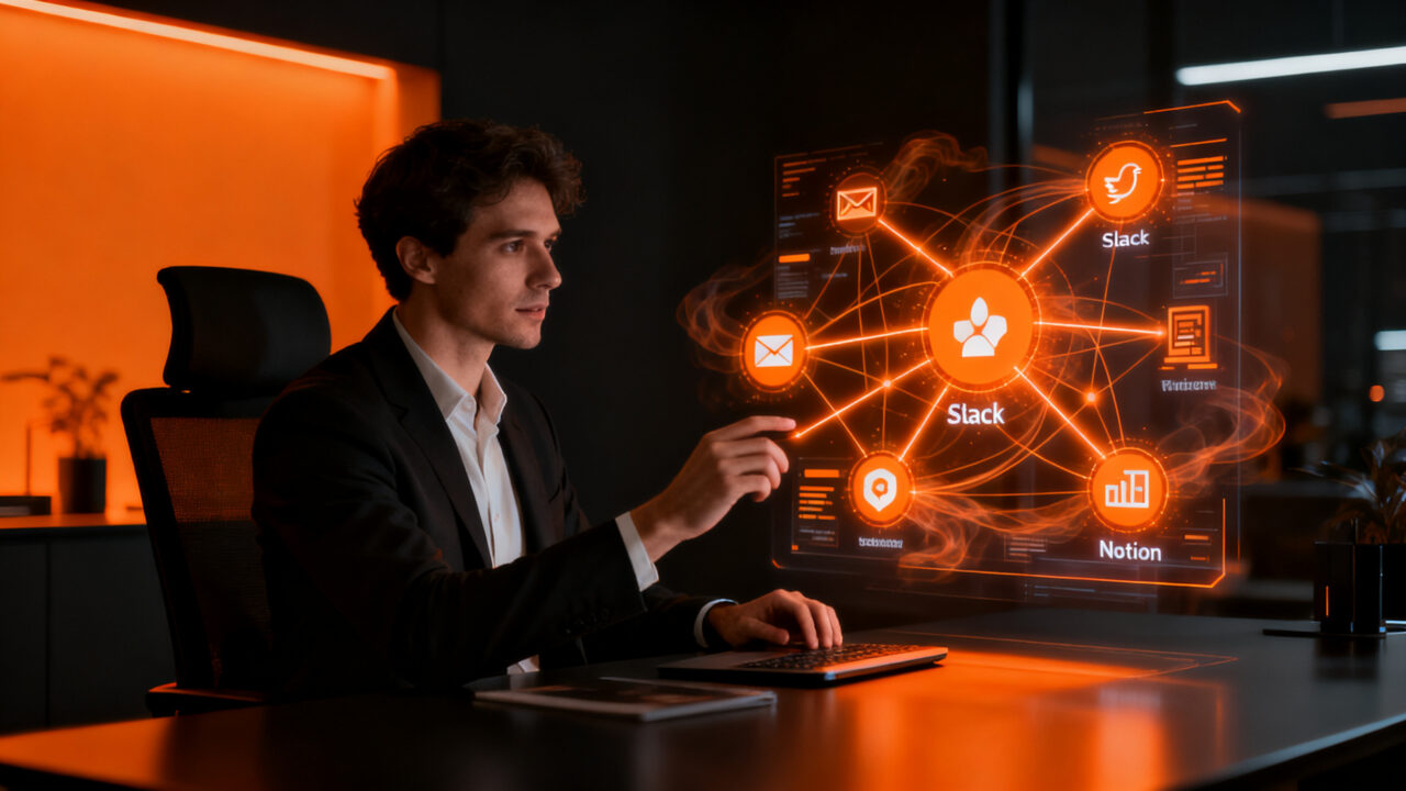 Un profesional trabajando con agentes de IA para automatizar flujos de trabajo en una oficina moderna, representando el impacto de ChatGPT Work en startups.