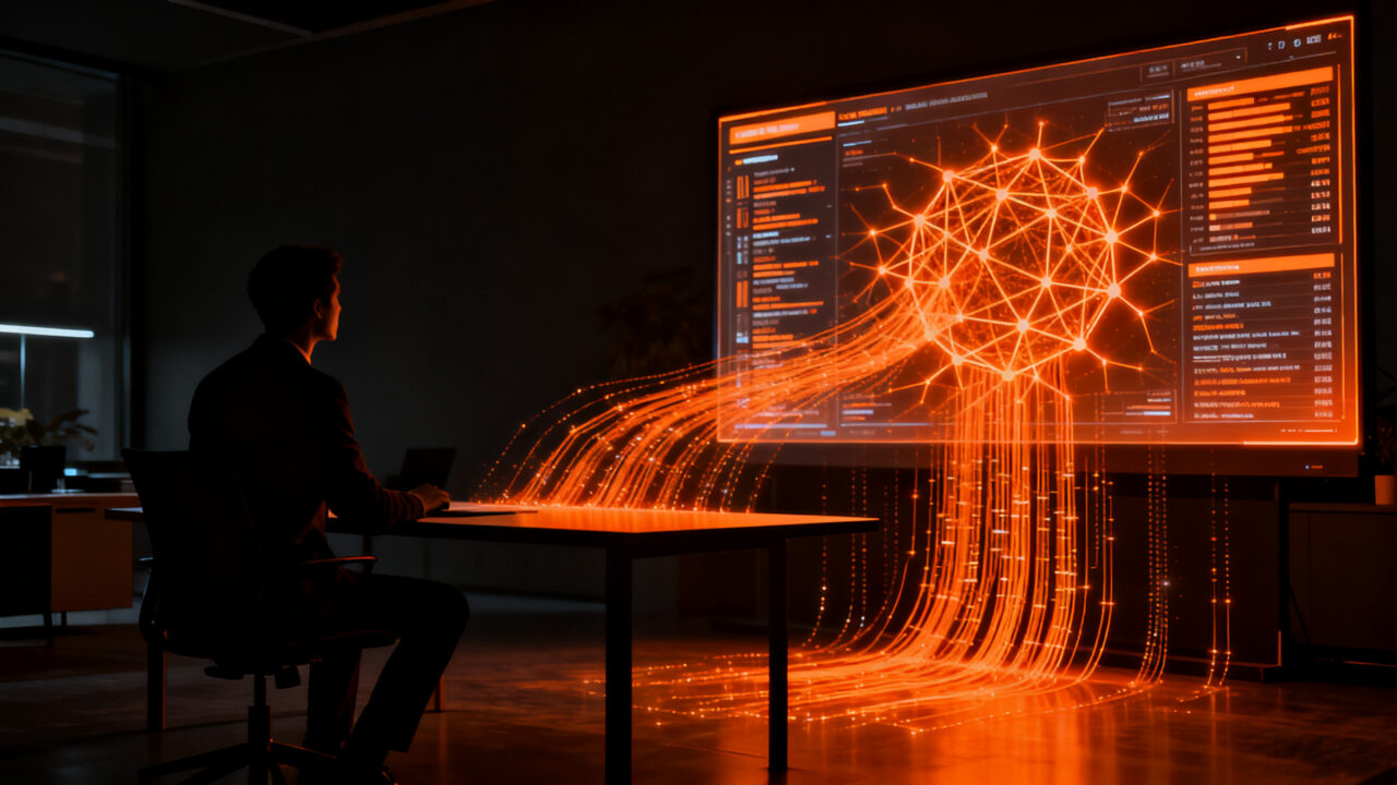 Silueta de profesional analizando datos de IA en un entorno futurista, representando la integración de OpenAI Computer History en startups.