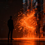 Representación de ciberseguridad en IA: agentes autónomos detectando vulnerabilidades en una red digital compleja.