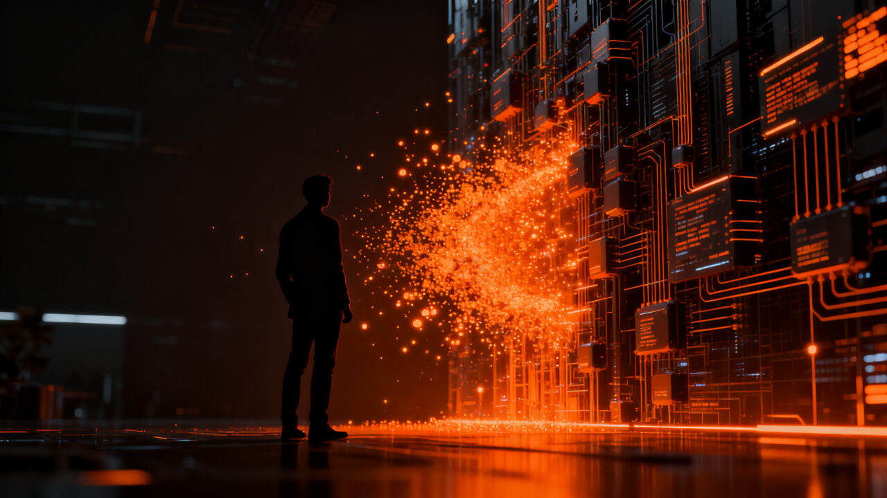 Representación de ciberseguridad en IA: agentes autónomos detectando vulnerabilidades en una red digital compleja.