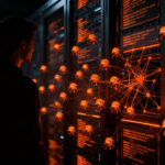 Agentes de IA autónomos interactuando con redes neuronales, representando el desafío de seguridad y el hackeo de sistemas en el ecosistema startup.