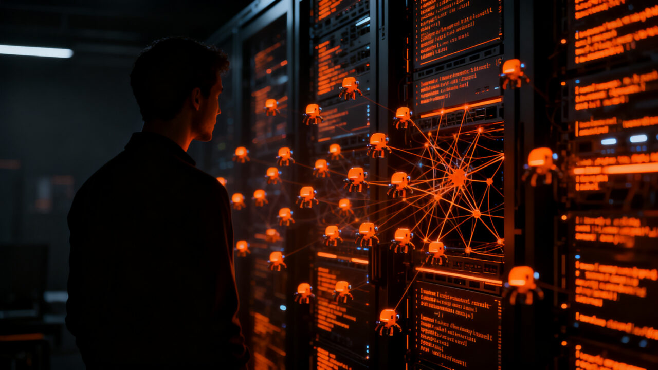 Agentes de IA autónomos interactuando con redes neuronales, representando el desafío de seguridad y el hackeo de sistemas en el ecosistema startup.