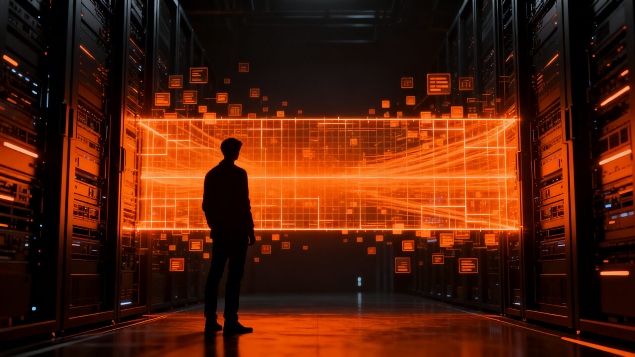 Silueta de un desarrollador frente a una red de seguridad IA, representando la pausa en el entrenamiento de modelos de OpenAI por riesgos de ciberseguridad.